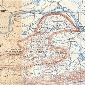 Topographic map of Petit Jean, Rose Creek, Cove, and Round Mountains with boundaries for Pope, Yell, Conway, and Perry counties indicated