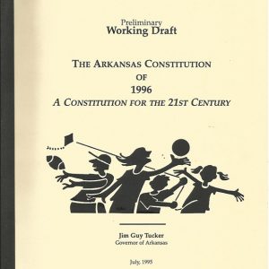 Cartoon children playing sports with text on cover of bound preliminary draft of the Arkansas Constitution