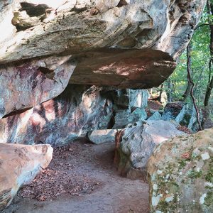 Walking path under rock outcropping with rock wall and trees