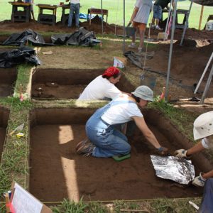 several square shaped shallow holes in the ground with white people digging in two of them