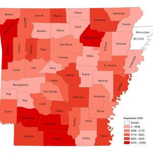 Map of Arkansas 1850 using shades of red to show population density