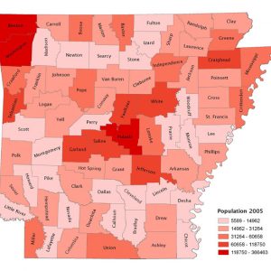 Map of Arkansas 2005 showing population by county