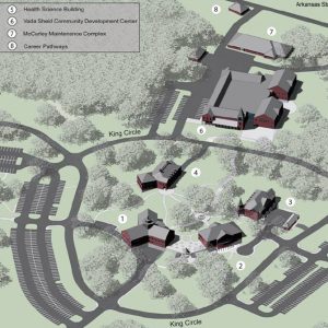 Map showing brick buildings with paved paths, labels, and parking lots