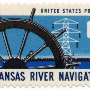 Stamp "United States Postage Arkansas River Navigation Six cents" showing ships wheel, barge, electricity pylon