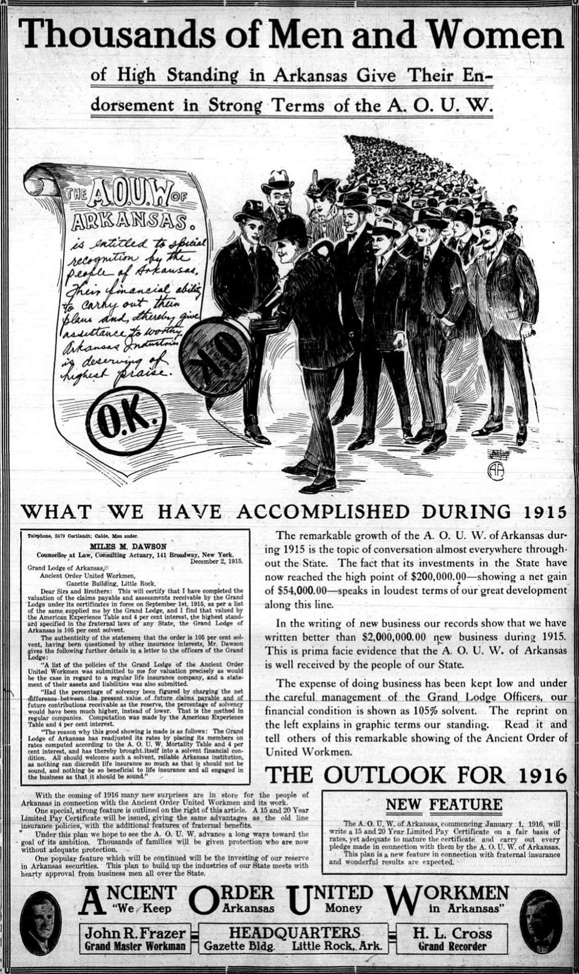 "Thousands of men and women" advertisement with cartoon document and line of people in newspaper