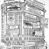 Cartoon of tall building with advertisements on its sides in newspaper