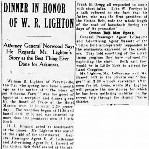 "Dinner in honor of W. R. Lighton" newspaper clipping