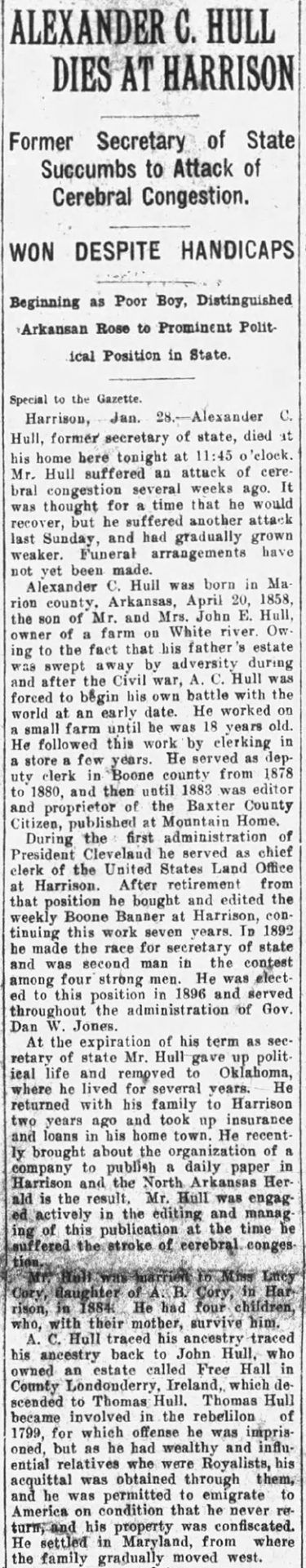 "Alexander C. Hull dies at Harrison" newspaper clipping