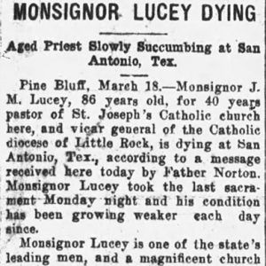 "Monsignor Lucey dying" newspaper clipping