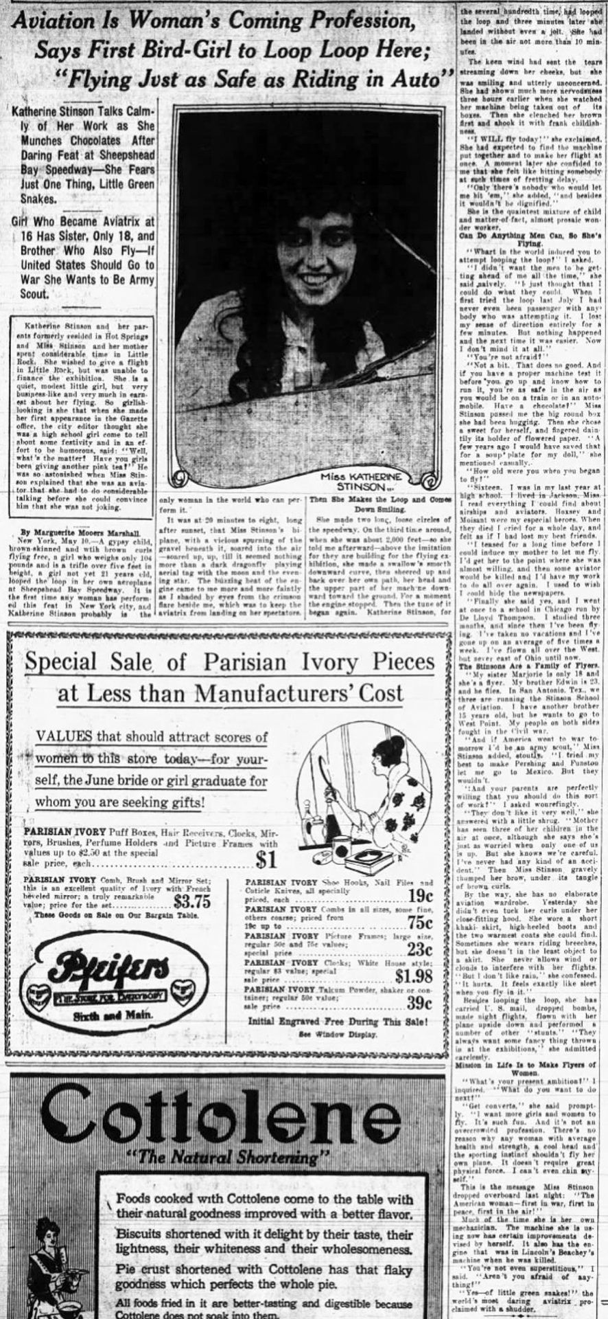 "Aviation is woman's coming profession says first bird-girl to loop loop here: flying just as safe as riding in auto" newspaper clipping