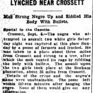 "Lynched Near Crossett" newspaper clipping