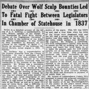 "Debate over wolf scalp bounties led to fatal fight" newspaper clipping