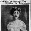 Photo of white woman in dress above newspaper text