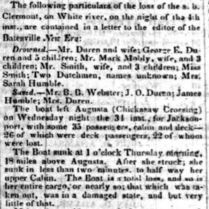 "The following particulars of the loss of the s. b. Clermont on White River on the night of the 4th" newspaper clipping