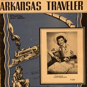 Picture of white woman in western clothing playing guitar with drawing of train and man on songbook cover