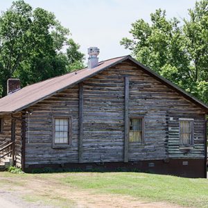 Single-story log cabin building with flag pole and trees