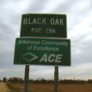 Weathered green "Black Oak" road sign on two-lane highway next to field