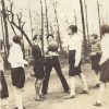 White children playing with ball with bald trees behind them