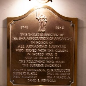 Bronze plaque "erected by the Bar Association of Arkansas"