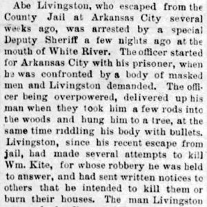 "Abe Livingston who escaped from the County Jail at Arkansas City" newspaper clipping