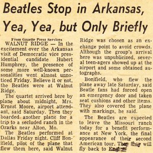 "Beatles stop in Arkansas yea yea but only briefly" newspaper clipping