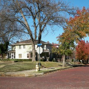 red brick street with two-story houses and fall foliage