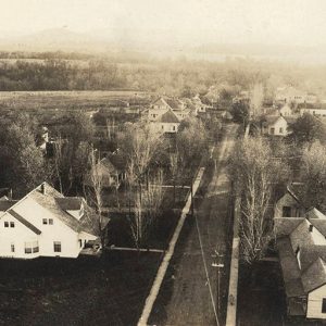 Rows of multistory and single-story houses in neighborhood with bare trees as seen from above