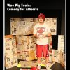 White man with hog hat in tee-shirt and shorts standing on Arkansas rug surrounded by newspaper clippings on black background with white text and borders