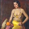 White woman in yellow pants and bra sitting on wooden box with an orange in her left hand and a lit cigarette in her right