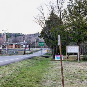 Green "Bigelow" road sign on two-lane road with house and brick buildings in the background