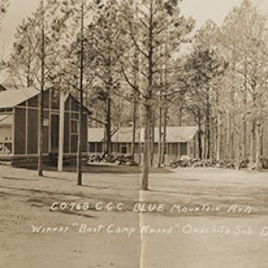 Single-story camp buildings and multistory building in clearing with trees and truck