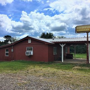 Single-story store building with covered porch and sign on grass