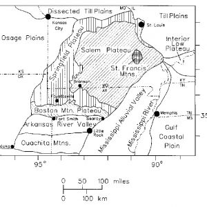 Map of Arkansas and surrounding states divided into geological regions with scale below it