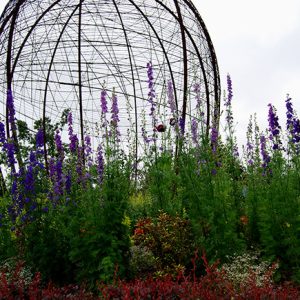 spherical latticed sculpture among purple flowers and various other plants