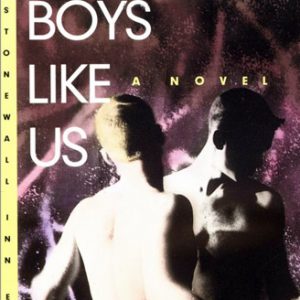 Cover of book "Boys Like Us." featuring two shirtless white men facing each other in front of purple background