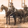 White man wearing a hat and suit sitting in a horse drawn buggy