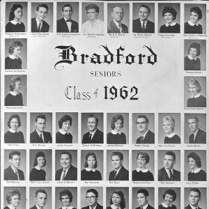 "Bradford Seniors Class of 1962" yearbook page with white student and faculty photographs