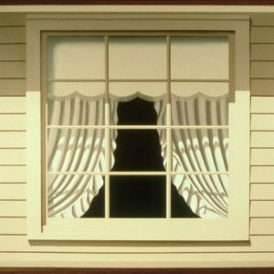 Painting centered wood frame window with symmetrical shade and curtains parted revealing flat black interior