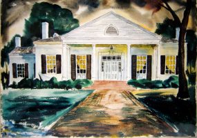 Single-story house with covered porch and walking path in front yard with trees