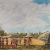 Native American men and women standing in clearing surrounded by mound buildings and trees