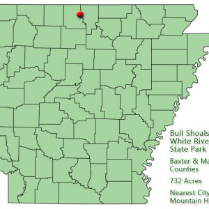 map outlining Arkansas counties with red pin near northern boundary