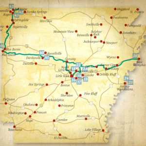 Political map of Arkansas with trail marked in green