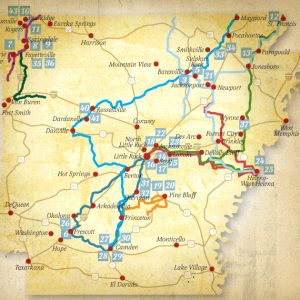 Political map of Arkansas with trails shown in different colors