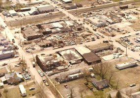 Damaged buildings and houses as seen from above