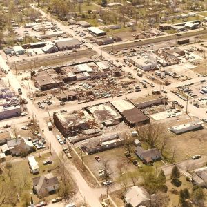 Damaged buildings and houses as seen from above