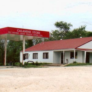 Single-story building with red canopy with "Calamine Store" written on it