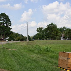 Curved two-lane road through residential neighborhood with single-story houses in the background