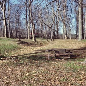 Concrete picnic table metal grill and round table in field with trees and red roof in the background