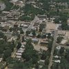 View of town buildings and streets as seen from above