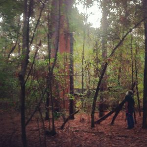 White man with long beard looking up at tall brick chimney ruins in forested area